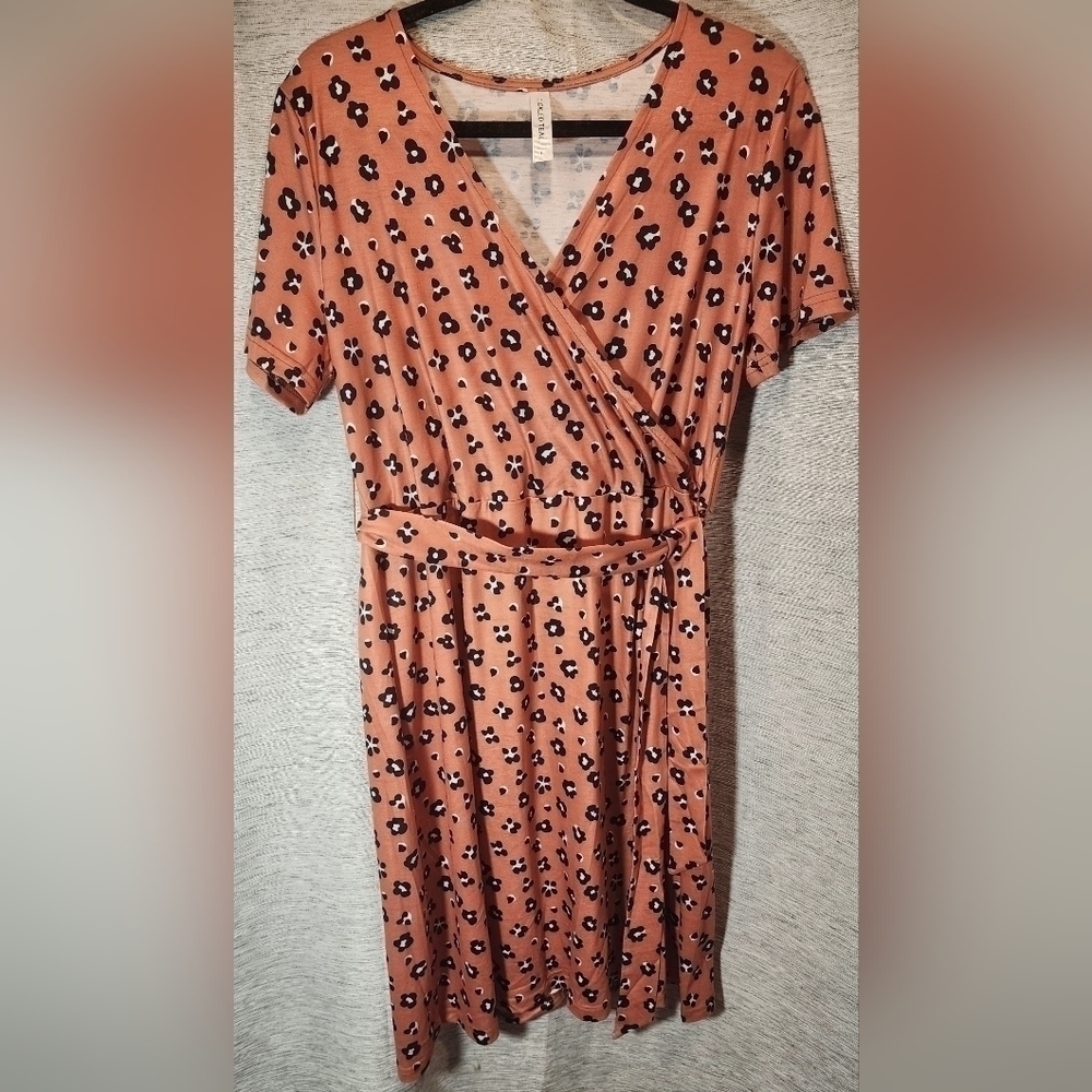 Tickled Teal Large Faux Wrap Belt Berkeley Midi Dress Rust Floral